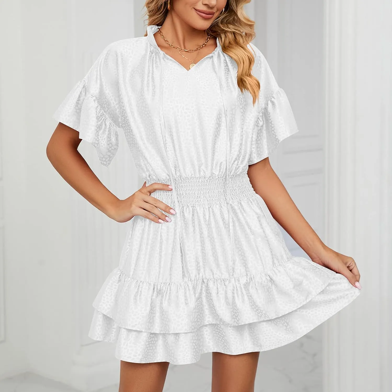 XUNRYAN Womens Classy Satin Dress Summer Casual Dresses Short Sleeve Lace Up V Neck Tiered Ruffle Mini Dress